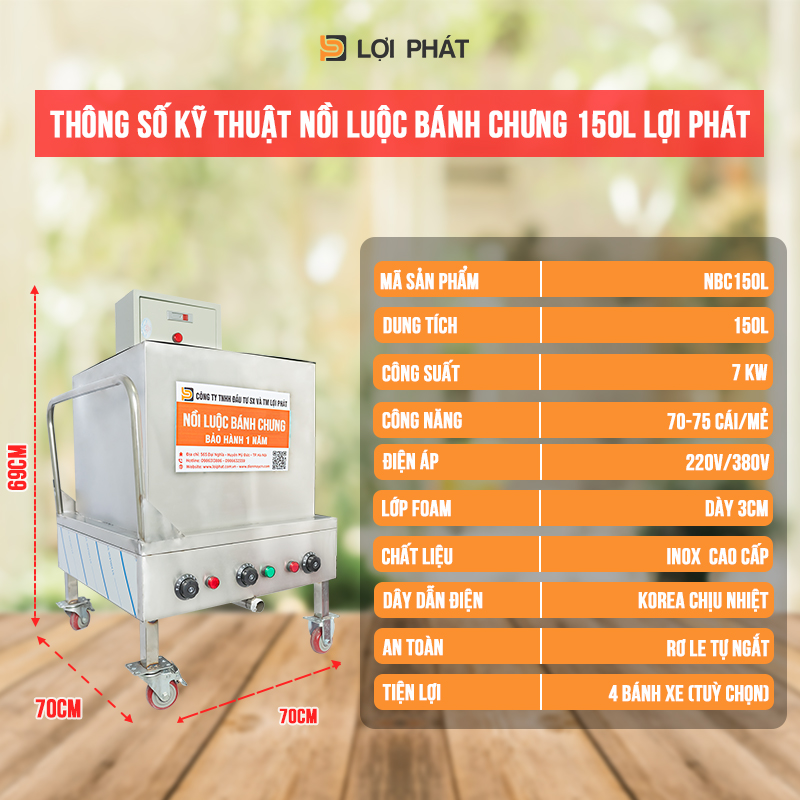 Thông số kỹ thuật Nồi luộc bánh chưng 150L