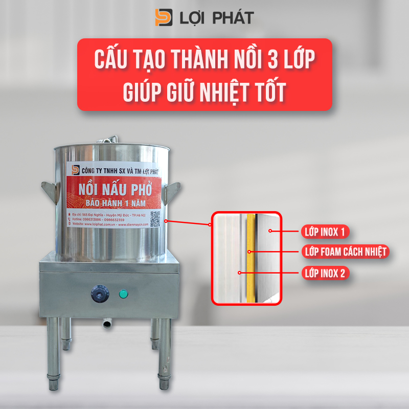 Cấu tạo thành nồi phở 3 lớp đảm bảo giữ nhiệt tốt