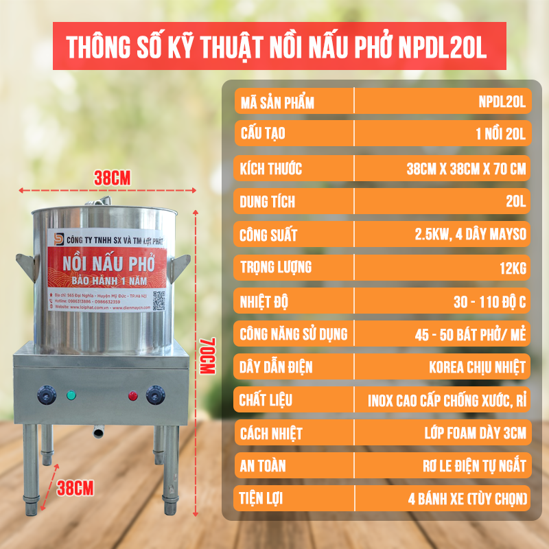 Thông số kỹ thuật nồi phở điện liền 20l