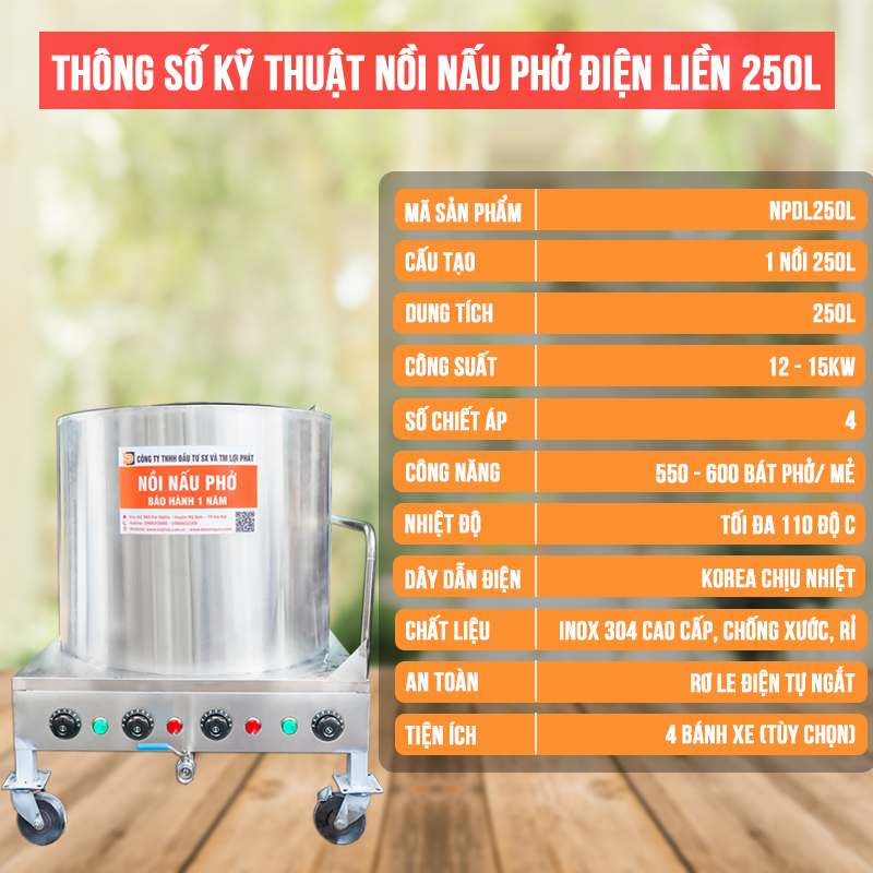 Thông số kỹ thuật Nồi nấu phở điện liền 250L