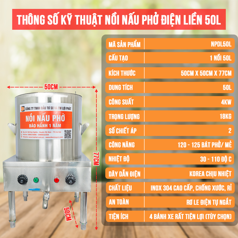 Thông số kỹ thuật Nồi phở điện liền 50L LỢI PHÁT