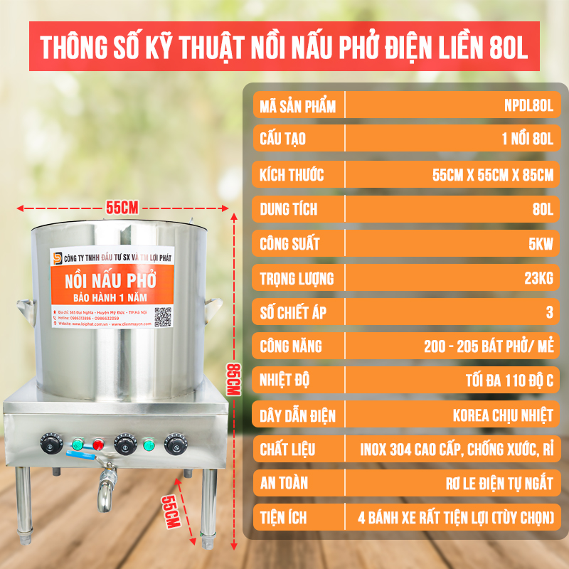 Thông số kỹ thuật Nồi phở điện liền 80L LỢI PHÁT