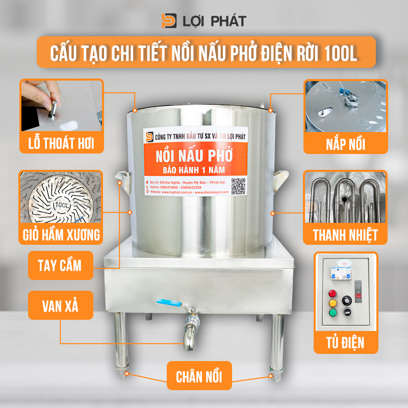 Cấu tạo chi tiết Nồi nấu phở điện rời 100L LỢI PHÁT