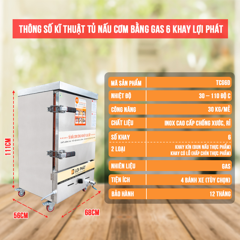 Thông số kỹ thuật Tủ nấu cơm bằng gas 6 khay